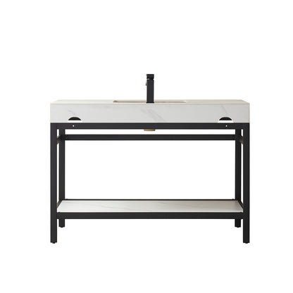 Vinnova, Funes 48" Single Sink Bath Vanity in Matt Black Metal Support with White Sintered Stone Top