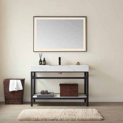 Vinnova, Funes 48" Single Sink Bath Vanity in Matt Black Metal Support with White Sintered Stone Top and Mirror