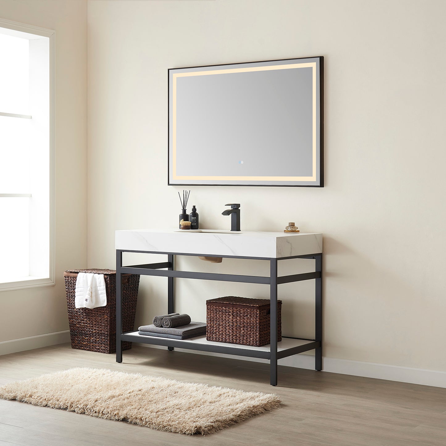 Vinnova, Funes 48" Single Sink Bath Vanity in Matt Black Metal Support with White Sintered Stone Top and Mirror