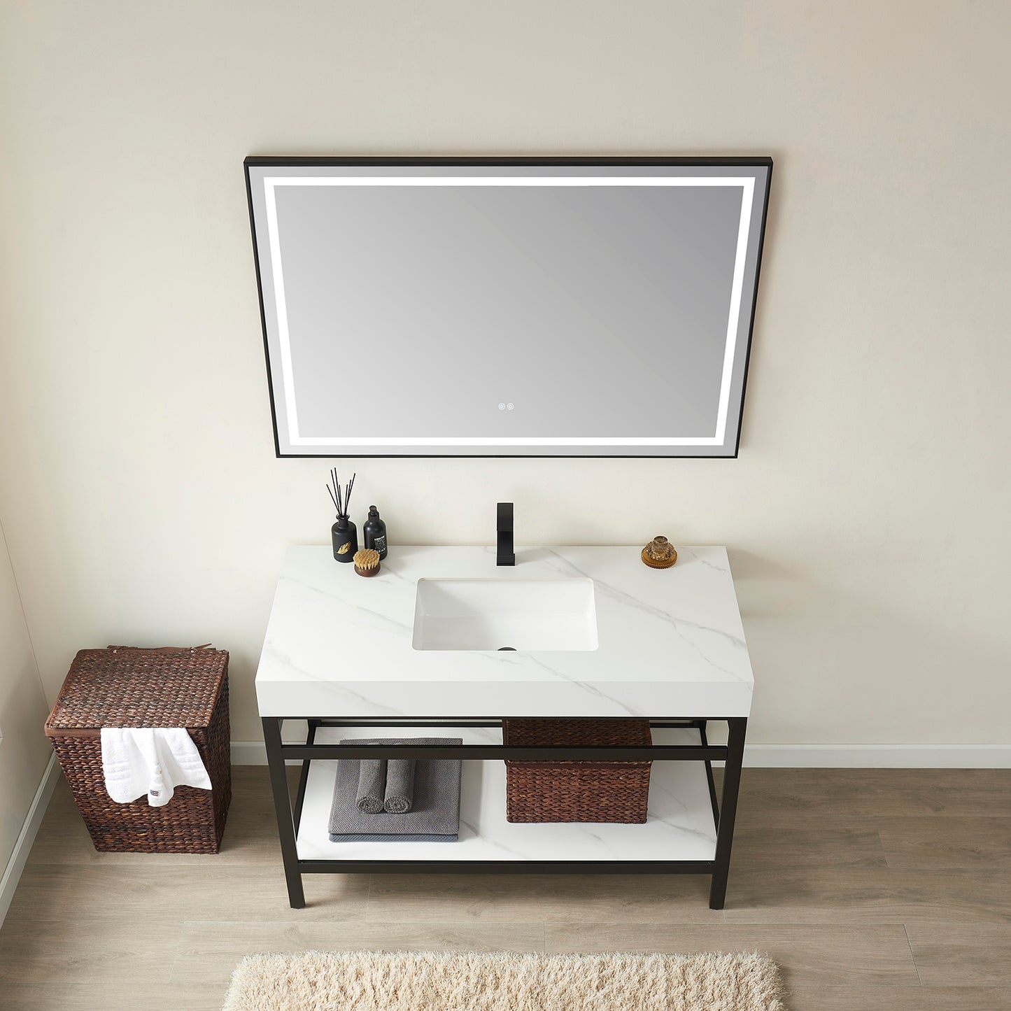 Vinnova, Funes 48" Single Sink Bath Vanity in Matt Black Metal Support with White Sintered Stone Top and Mirror