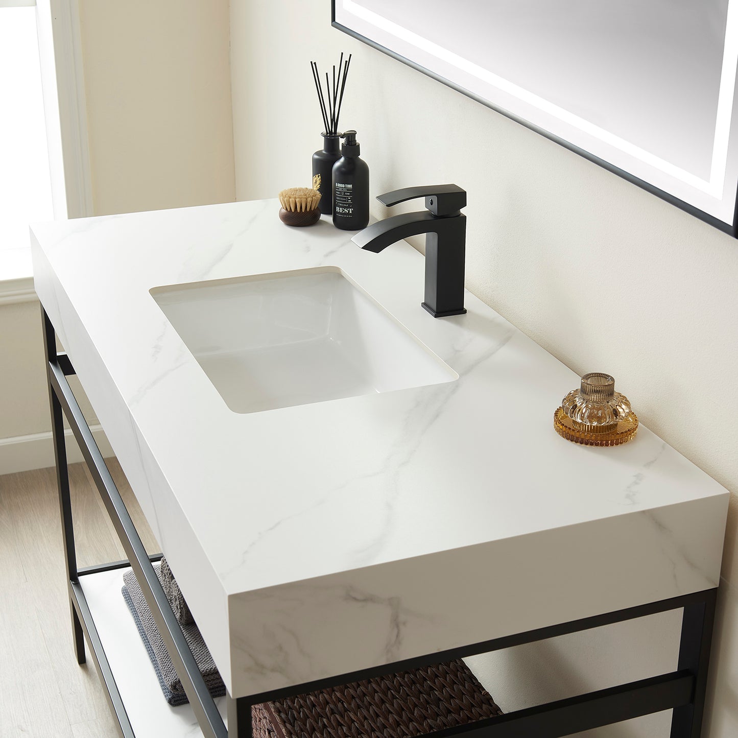 Vinnova, Funes 48" Single Sink Bath Vanity in Matt Black Metal Support with White Sintered Stone Top and Mirror