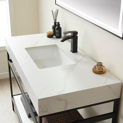 Vinnova, Funes 48" Single Sink Bath Vanity in Matt Black Metal Support with White Sintered Stone Top and Mirror
