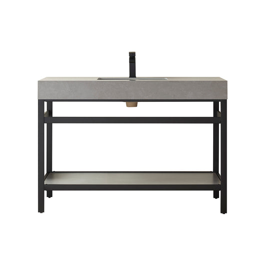 Vinnova, Funes 48" Single Sink Bath Vanity in Matt Black Metal Support with Grey Sintered Stone Top