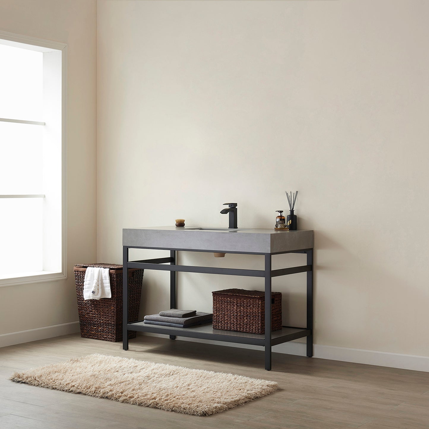 Vinnova, Funes 48" Single Sink Bath Vanity in Matt Black Metal Support with Grey Sintered Stone Top