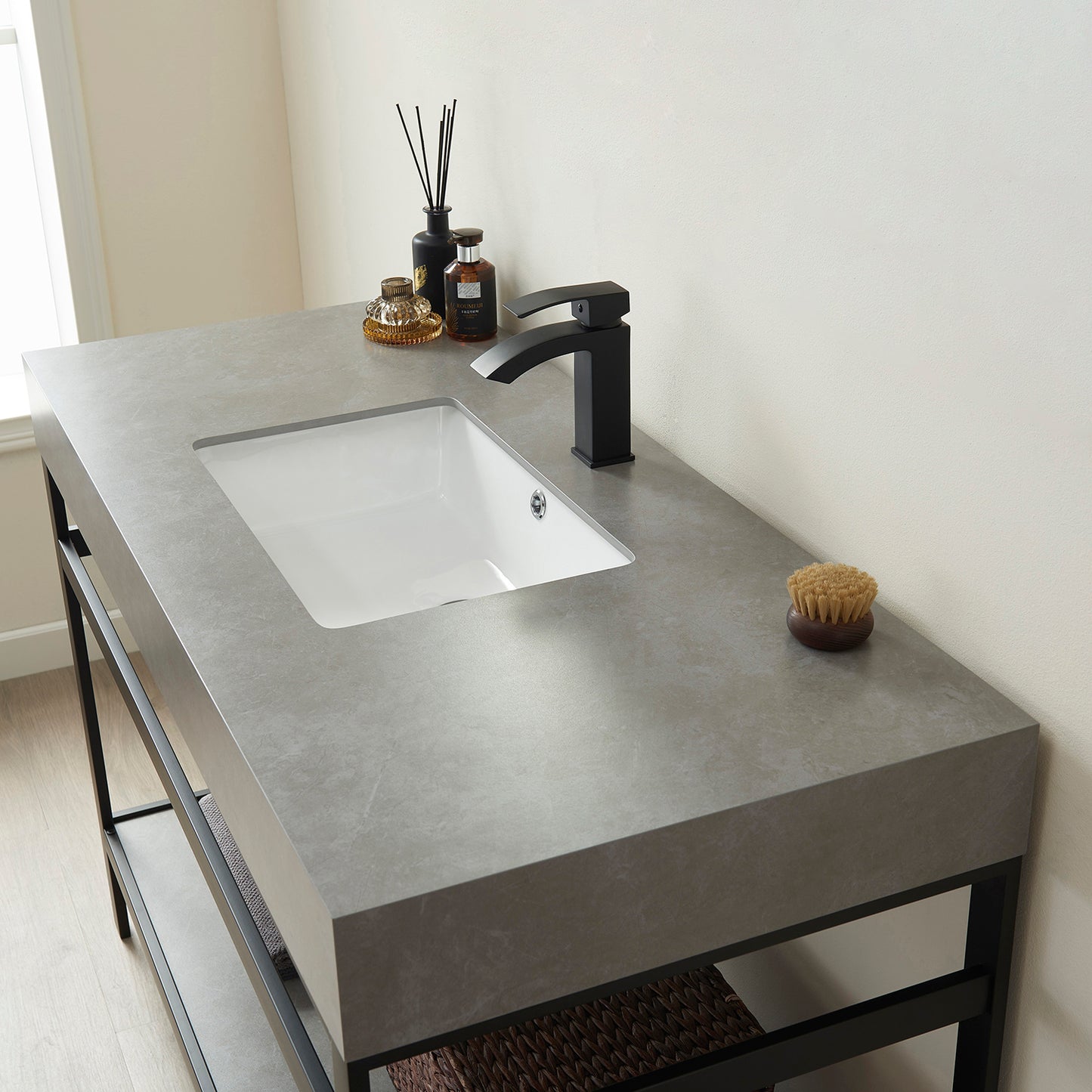 Vinnova, Funes 48" Single Sink Bath Vanity in Matt Black Metal Support with Grey Sintered Stone Top