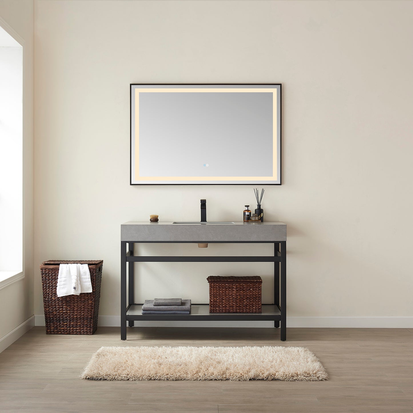Vinnova, Funes 48" Single Sink Bath Vanity in Matt Black Metal Support with Grey Sintered Stone Top and Mirror