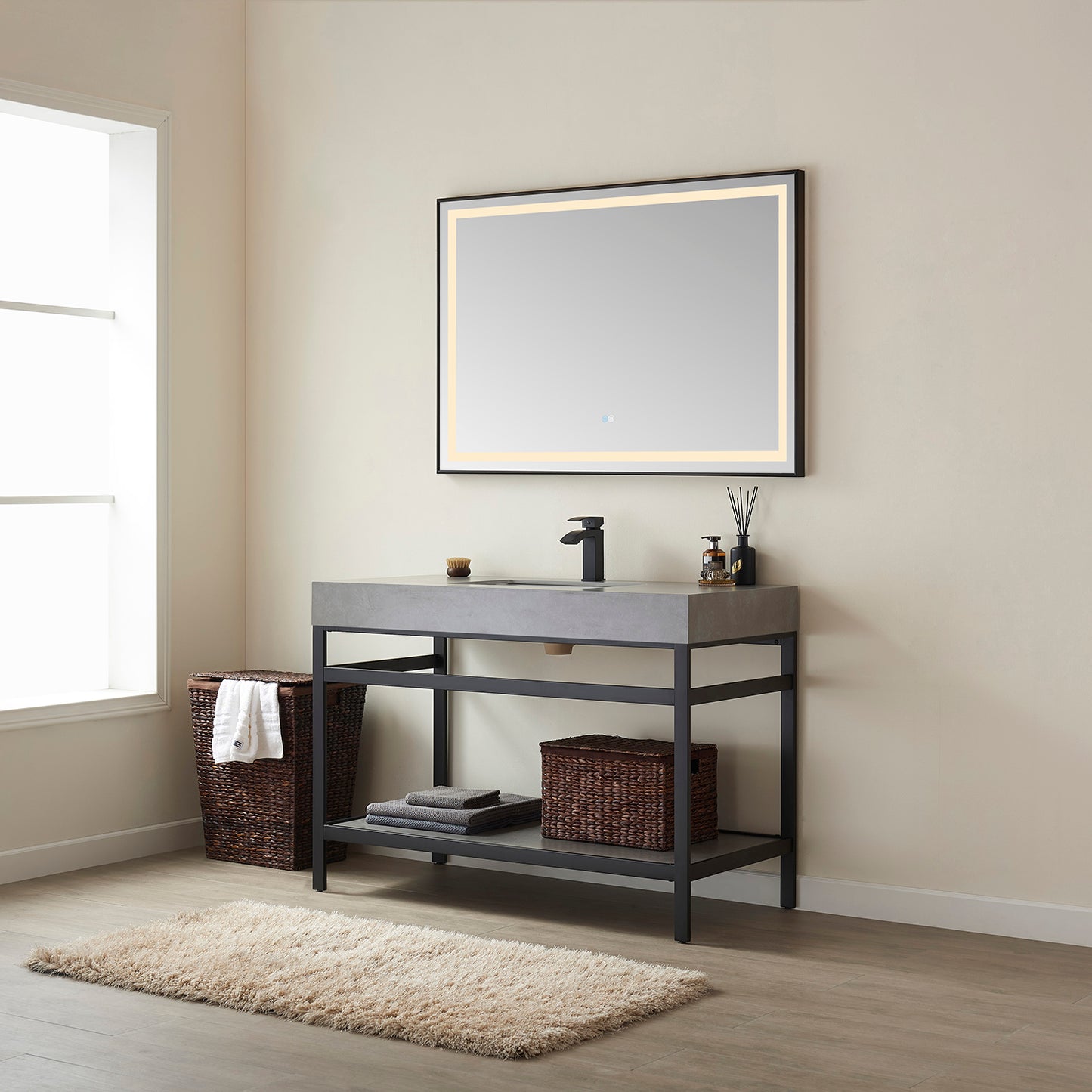Vinnova, Funes 48" Single Sink Bath Vanity in Matt Black Metal Support with Grey Sintered Stone Top and Mirror