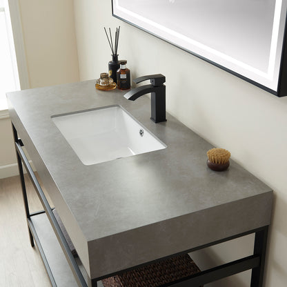 Vinnova, Funes 48" Single Sink Bath Vanity in Matt Black Metal Support with Grey Sintered Stone Top and Mirror