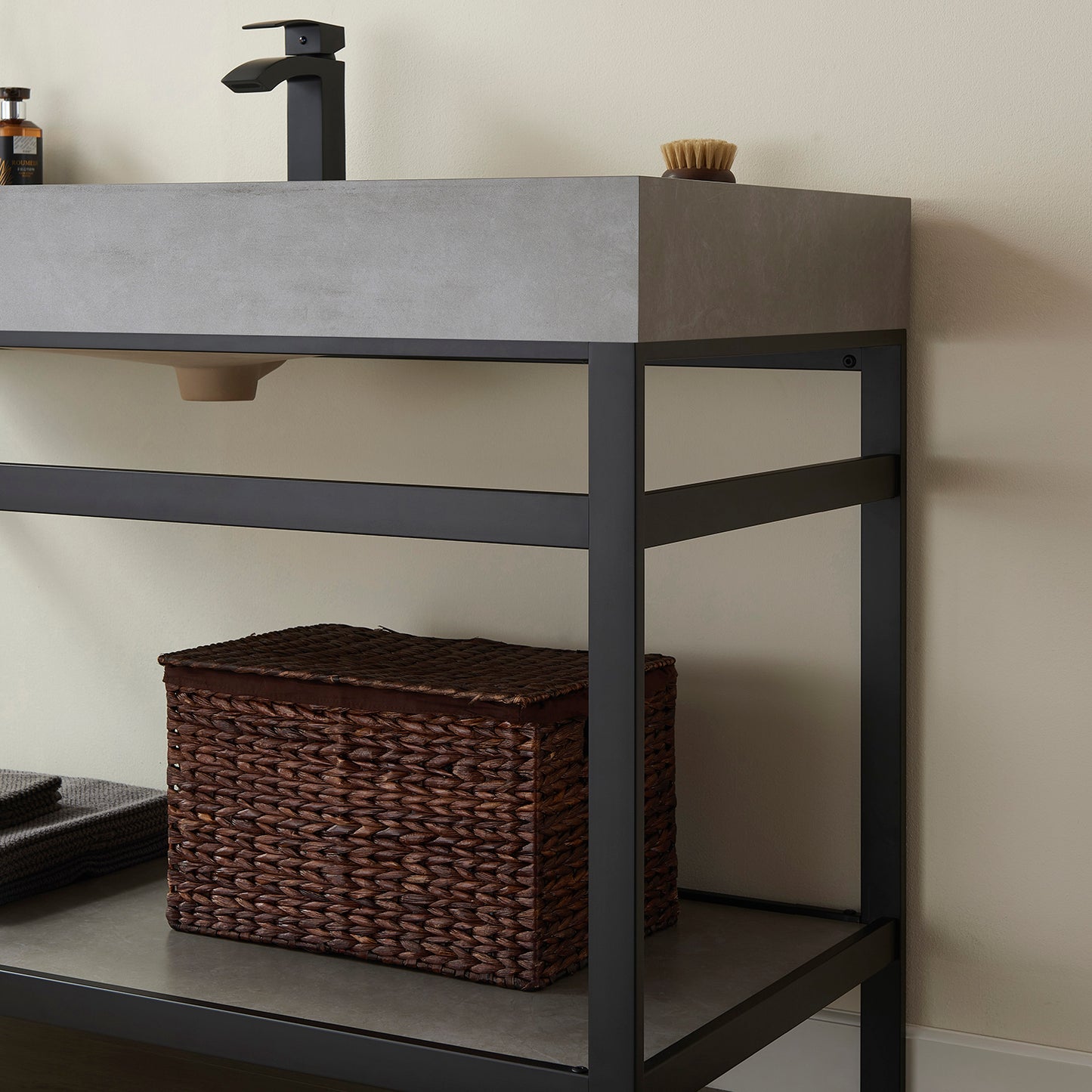 Vinnova, Funes 48" Single Sink Bath Vanity in Matt Black Metal Support with Grey Sintered Stone Top and Mirror