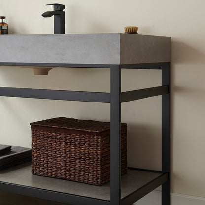 Vinnova, Funes 48" Single Sink Bath Vanity in Matt Black Metal Support with Grey Sintered Stone Top and Mirror