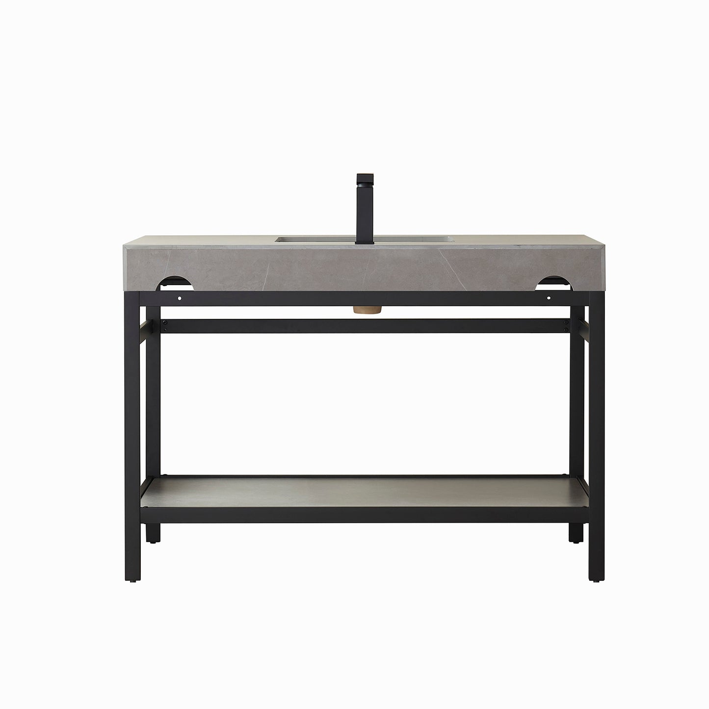 Vinnova, Funes 48" Single Sink Bath Vanity in Matt Black Metal Support with Grey Sintered Stone Top and Mirror