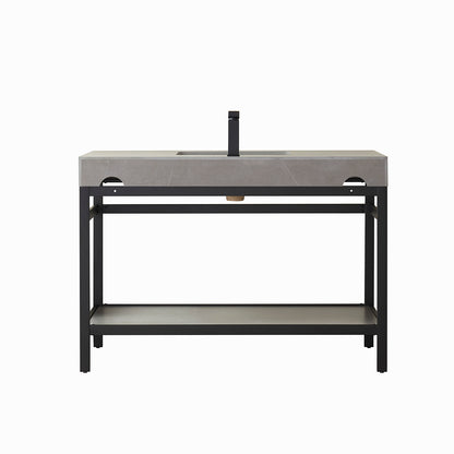 Vinnova, Funes 48" Single Sink Bath Vanity in Matt Black Metal Support with Grey Sintered Stone Top and Mirror