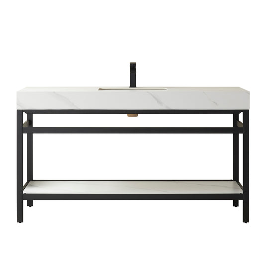 Vinnova, Funes 60" Single Sink Bath Vanity in Matt Black Metal Support with White Sintered Stone Top