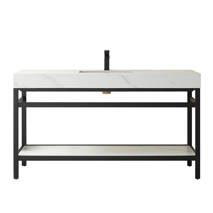 Vinnova, Funes 60" Single Sink Bath Vanity in Matt Black Metal Support with White Sintered Stone Top