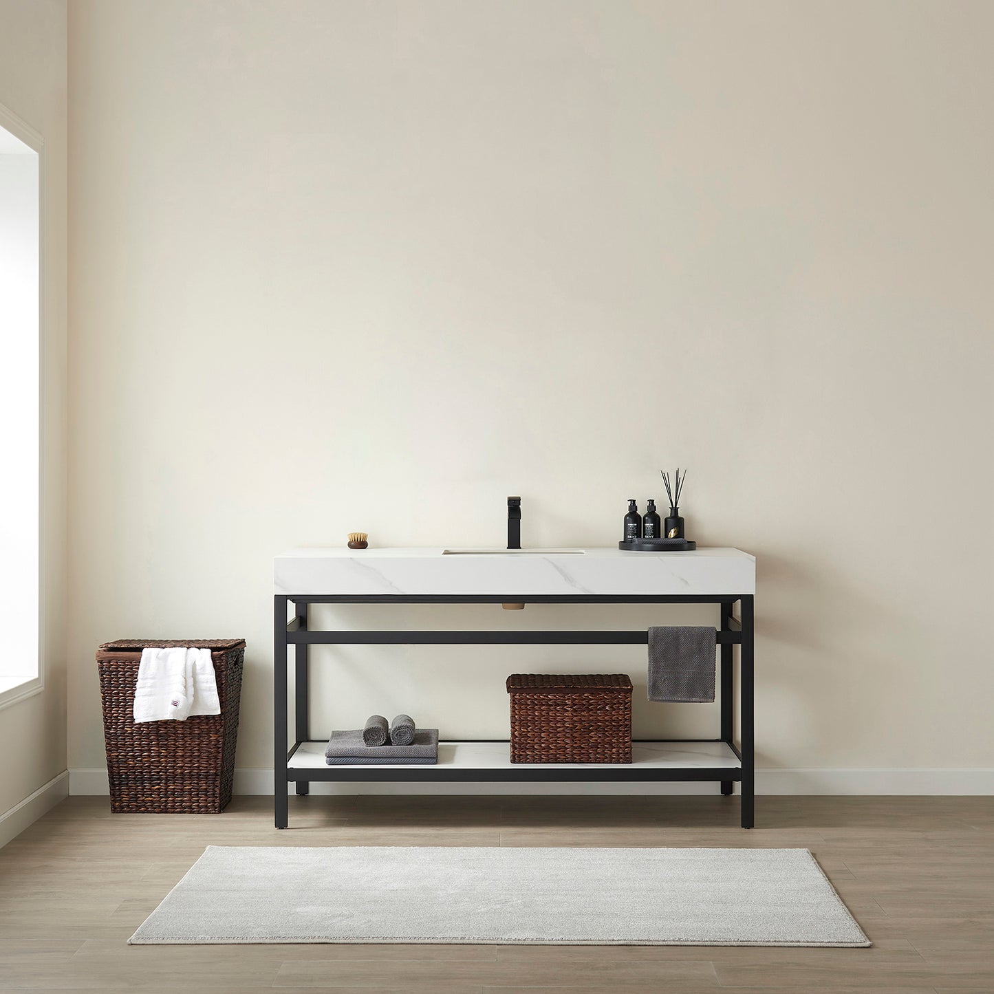 Vinnova, Funes 60" Single Sink Bath Vanity in Matt Black Metal Support with White Sintered Stone Top