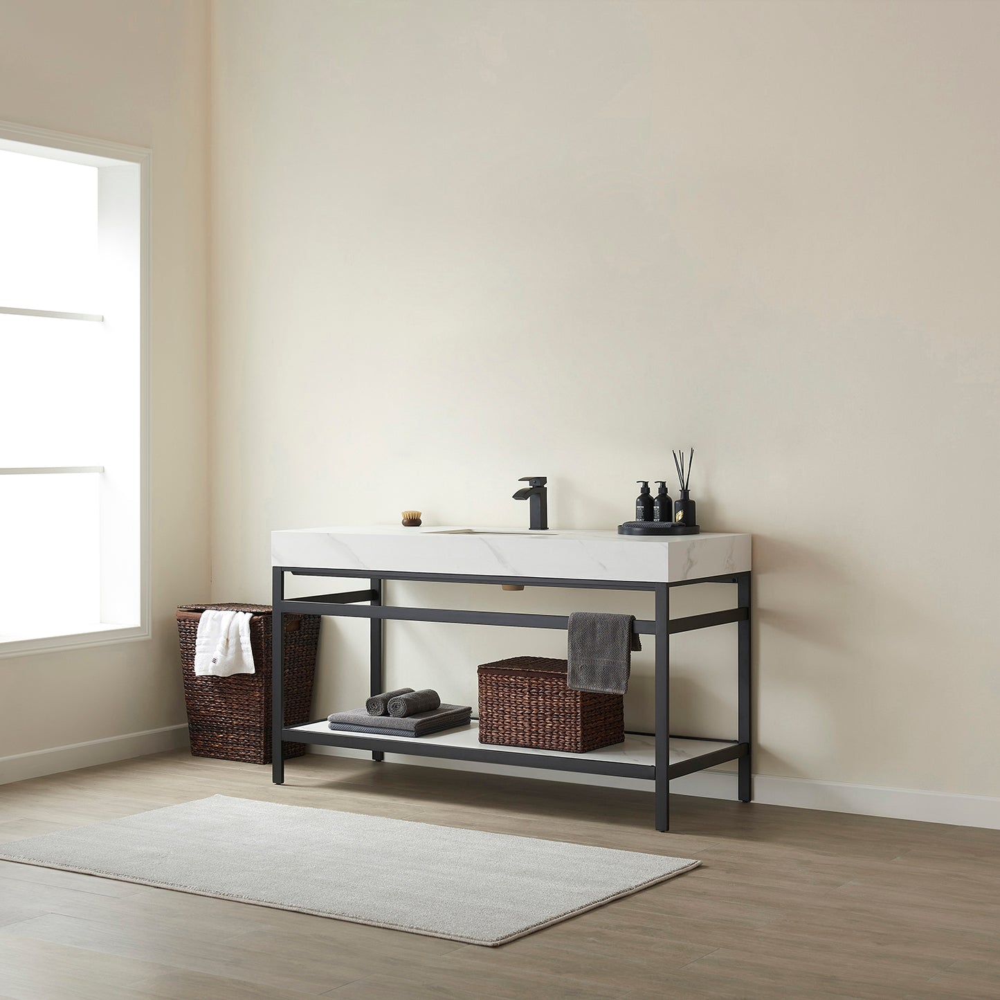 Vinnova, Funes 60" Single Sink Bath Vanity in Matt Black Metal Support with White Sintered Stone Top