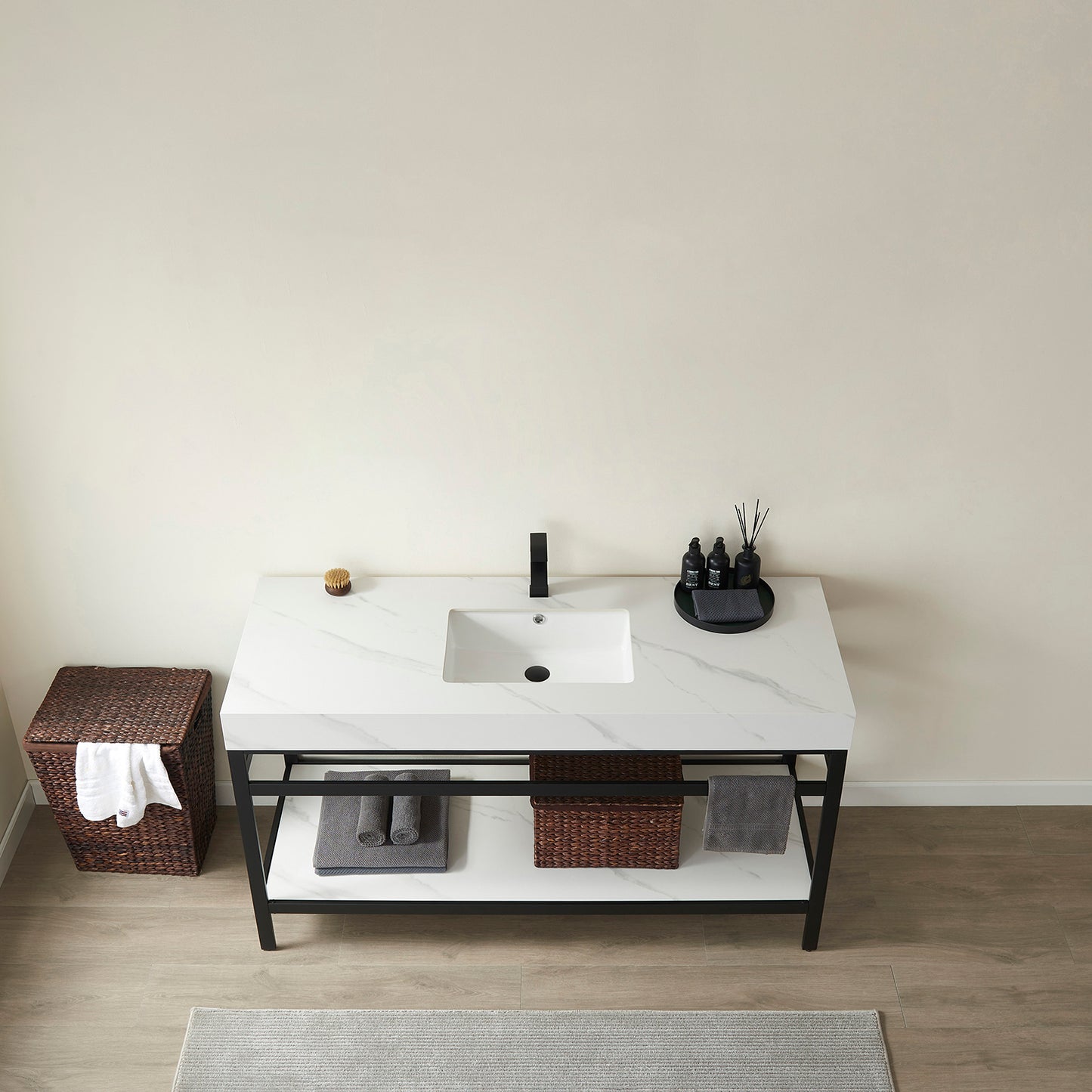 Vinnova, Funes 60" Single Sink Bath Vanity in Matt Black Metal Support with White Sintered Stone Top