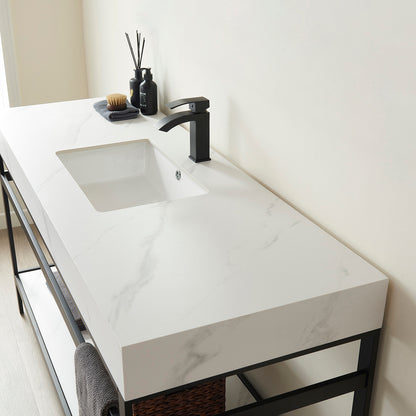 Vinnova, Funes 60" Single Sink Bath Vanity in Matt Black Metal Support with White Sintered Stone Top