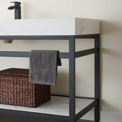 Vinnova, Funes 60" Single Sink Bath Vanity in Matt Black Metal Support with White Sintered Stone Top