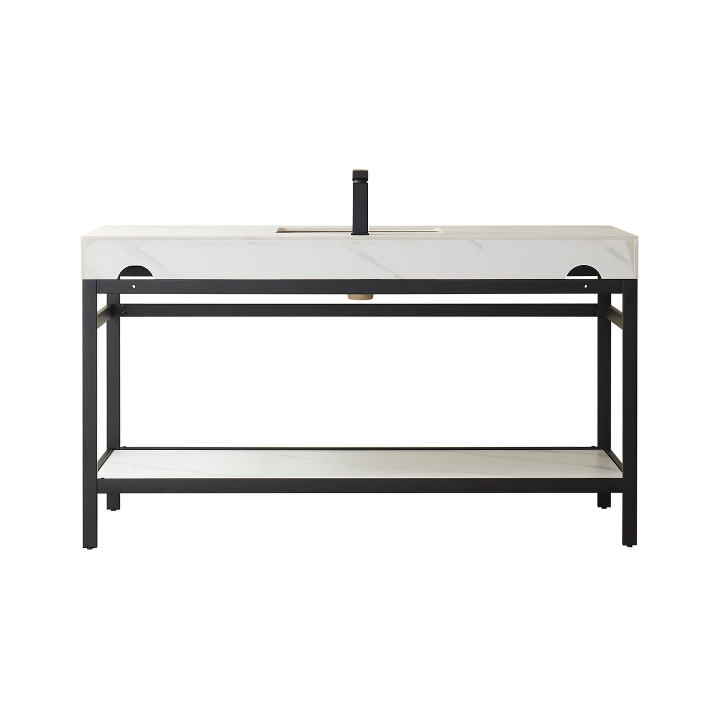 Vinnova, Funes 60" Single Sink Bath Vanity in Matt Black Metal Support with White Sintered Stone Top