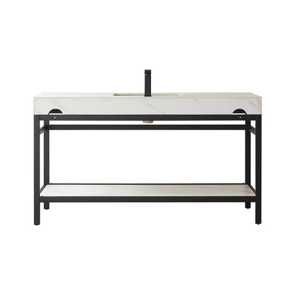 Vinnova, Funes 60" Single Sink Bath Vanity in Matt Black Metal Support with White Sintered Stone Top