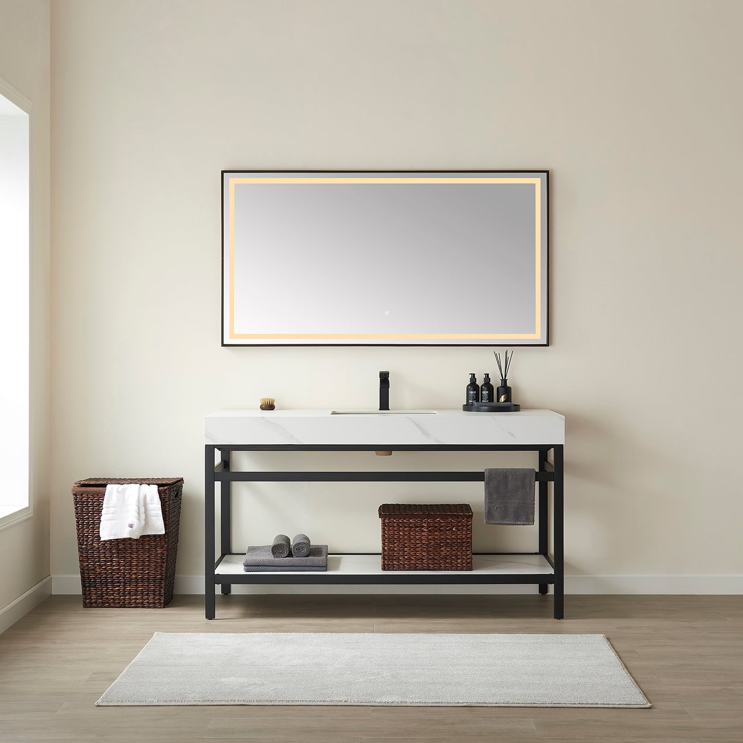 Vinnova, Funes 60" Single Sink Bath Vanity in Matt Black Metal Support with White Sintered Stone Top and Mirror
