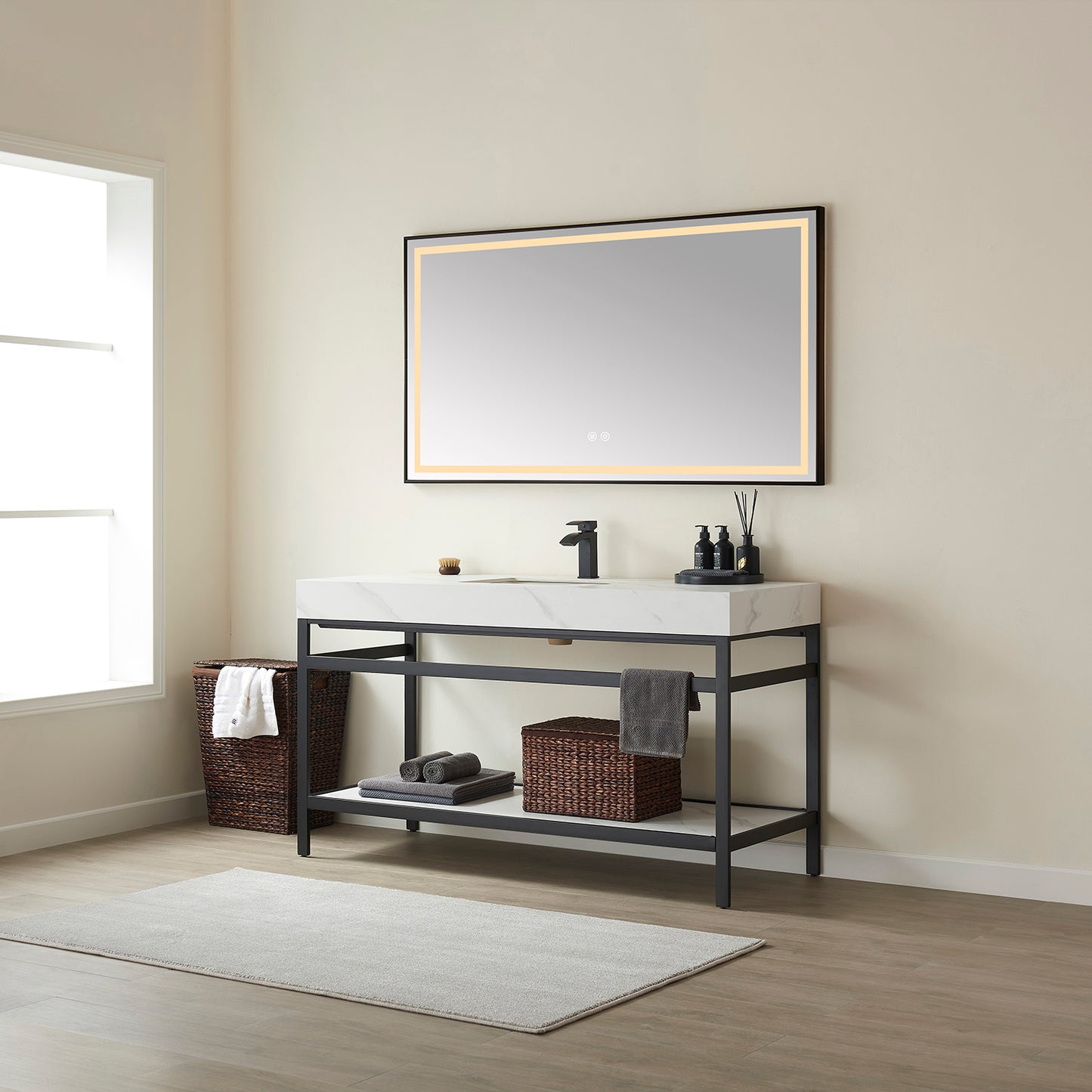 Vinnova, Funes 60" Single Sink Bath Vanity in Matt Black Metal Support with White Sintered Stone Top and Mirror