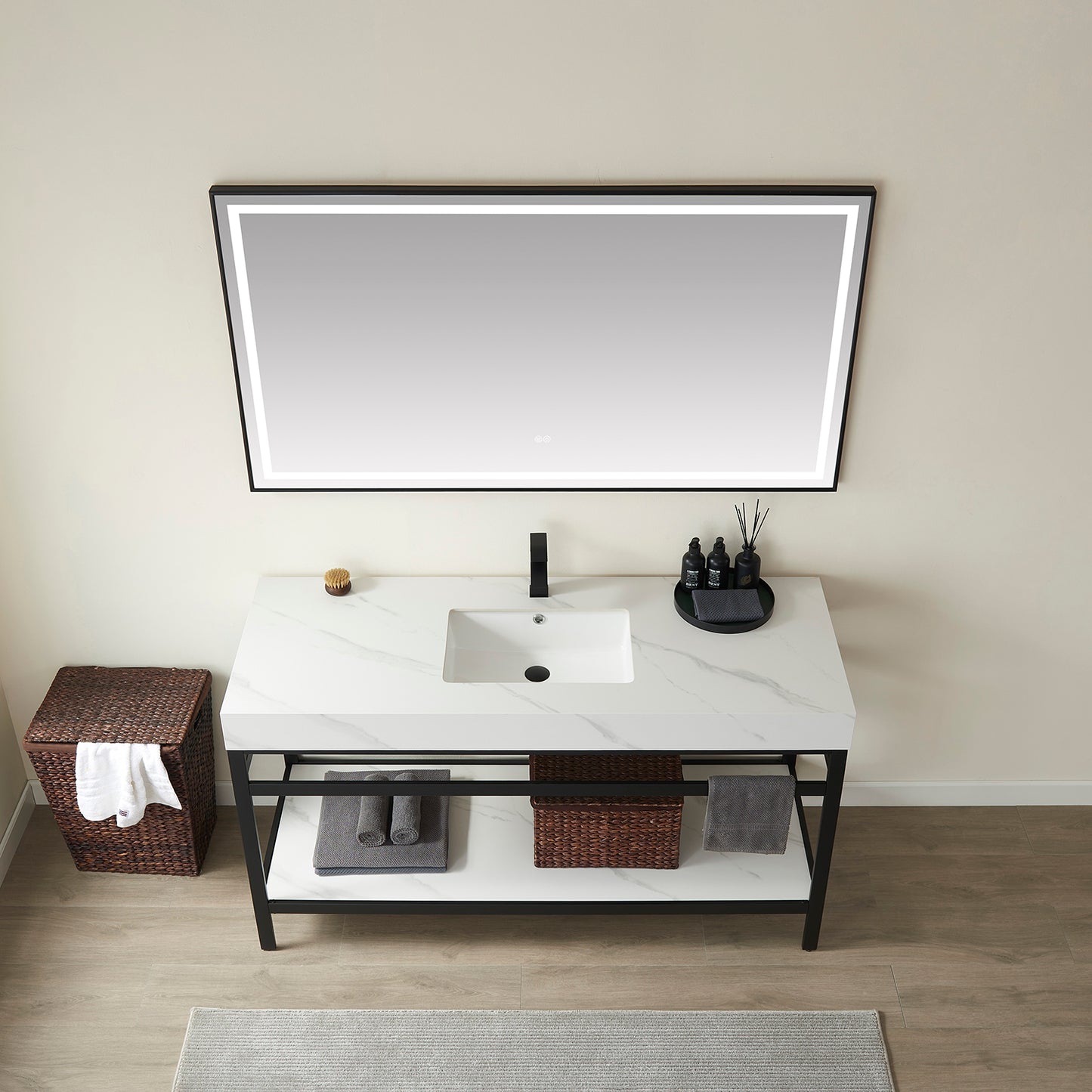 Vinnova, Funes 60" Single Sink Bath Vanity in Matt Black Metal Support with White Sintered Stone Top and Mirror