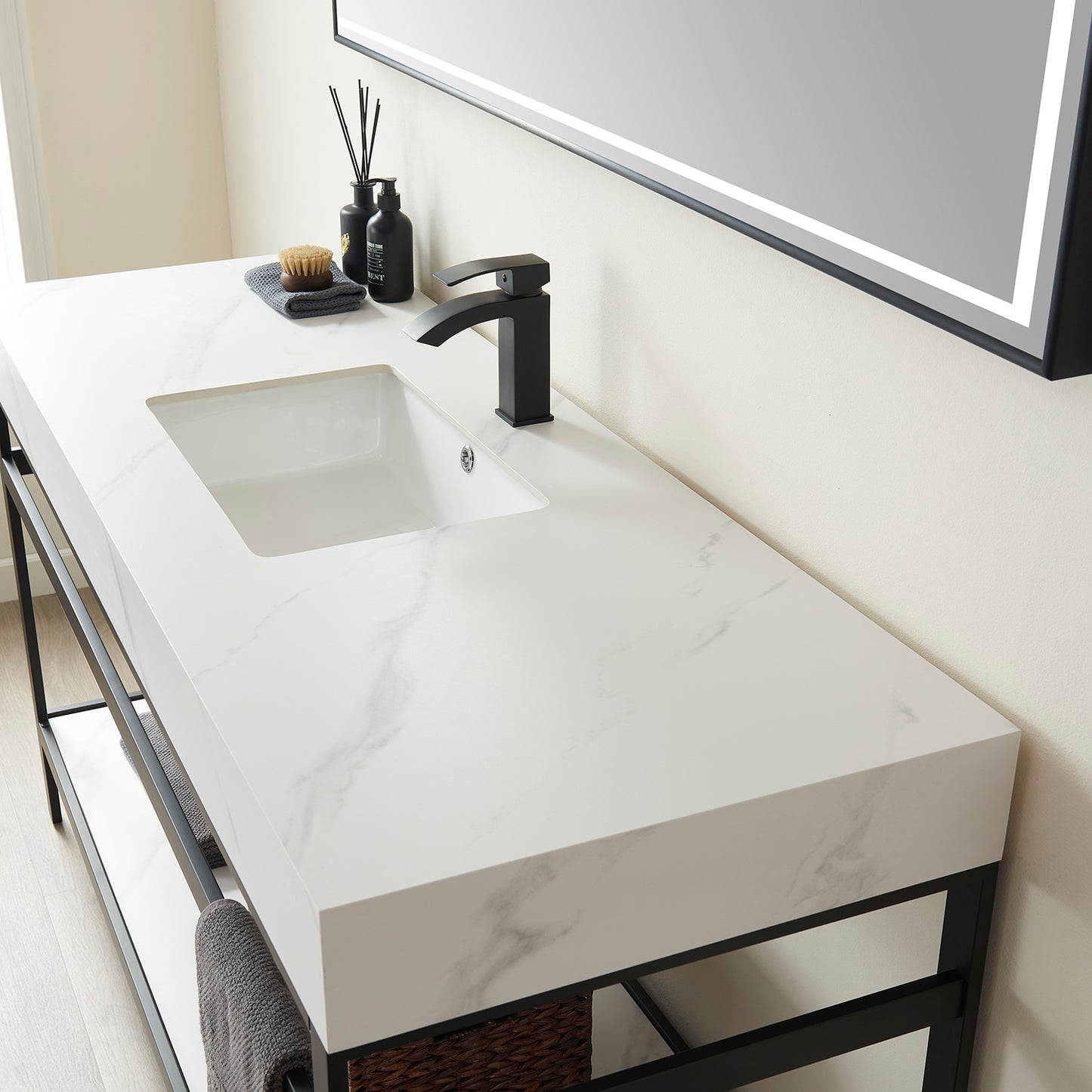 Vinnova, Funes 60" Single Sink Bath Vanity in Matt Black Metal Support with White Sintered Stone Top and Mirror