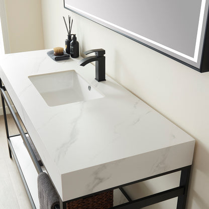 Vinnova, Funes 60" Single Sink Bath Vanity in Matt Black Metal Support with White Sintered Stone Top and Mirror