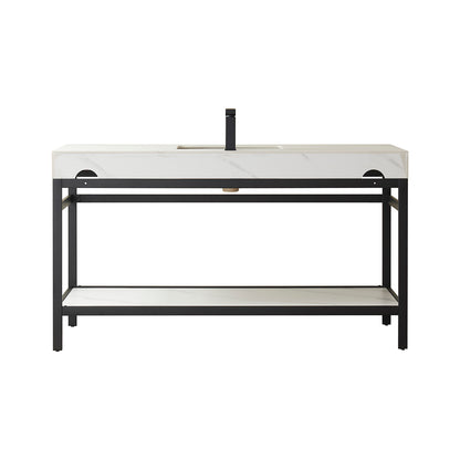 Vinnova, Funes 60" Single Sink Bath Vanity in Matt Black Metal Support with White Sintered Stone Top and Mirror