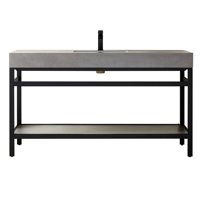 Vinnova, Funes 60" Single Sink Bath Vanity in Matt Black Metal Support with Grey Sintered Stone Top