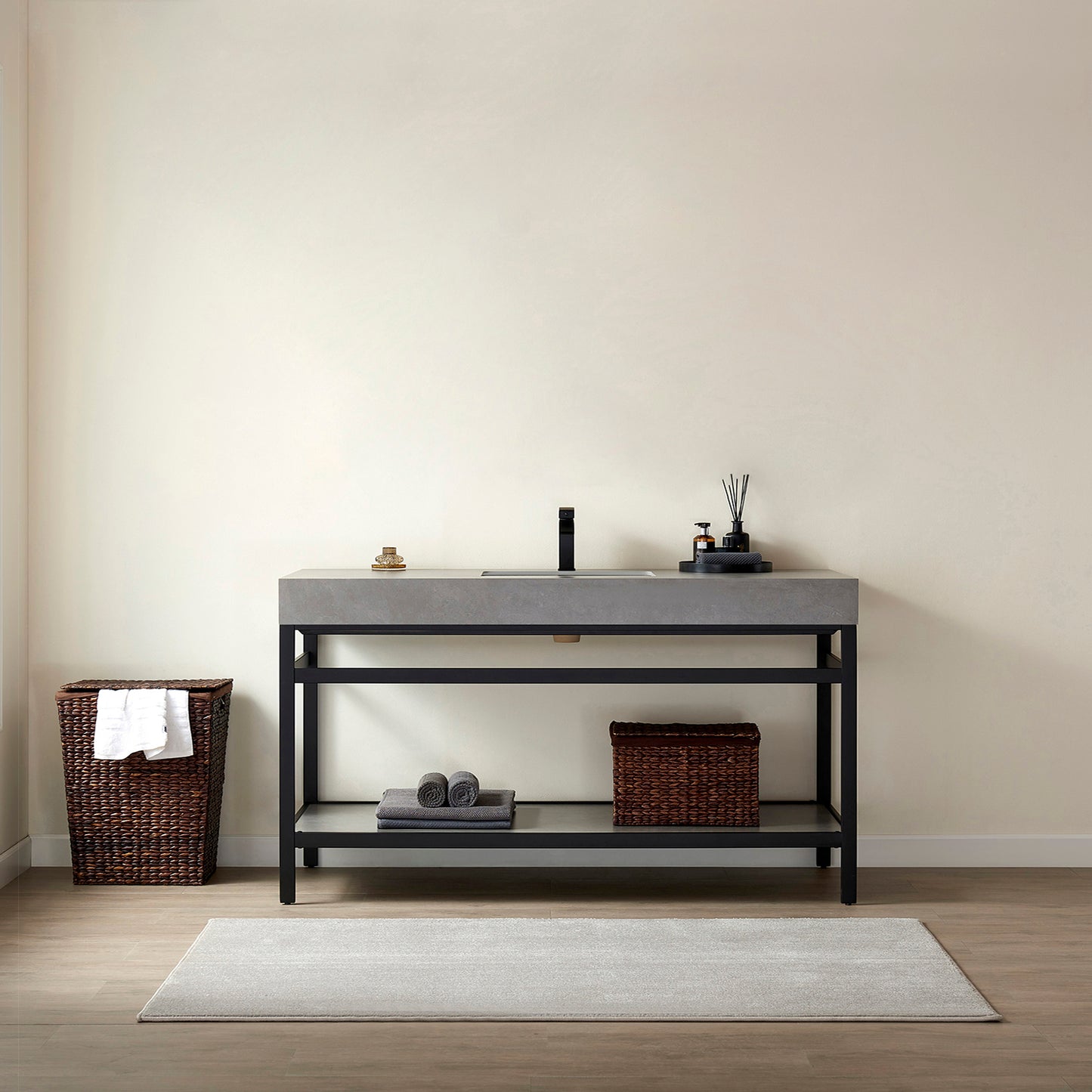 Vinnova, Funes 60" Single Sink Bath Vanity in Matt Black Metal Support with Grey Sintered Stone Top