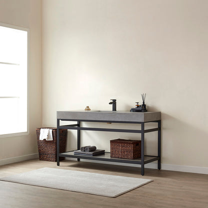 Vinnova, Funes 60" Single Sink Bath Vanity in Matt Black Metal Support with Grey Sintered Stone Top