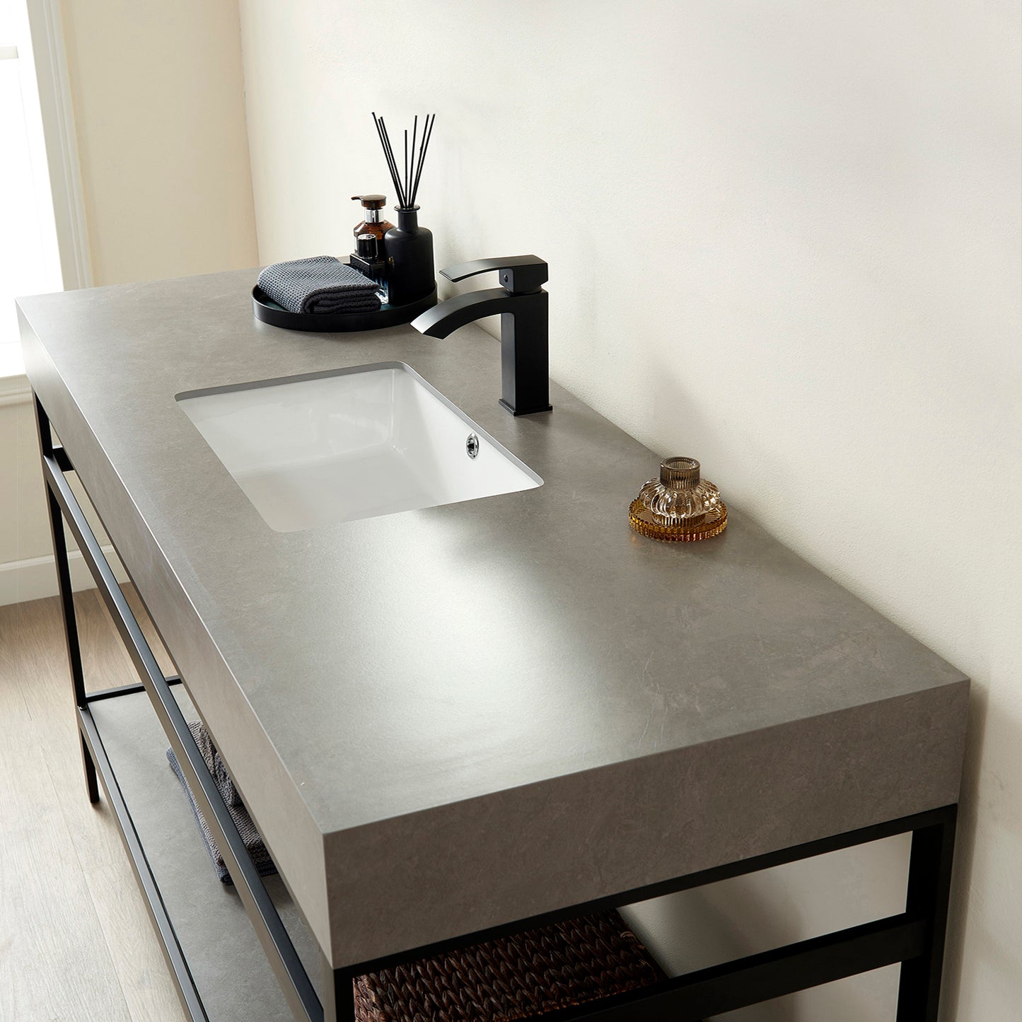 Vinnova, Funes 60" Single Sink Bath Vanity in Matt Black Metal Support with Grey Sintered Stone Top