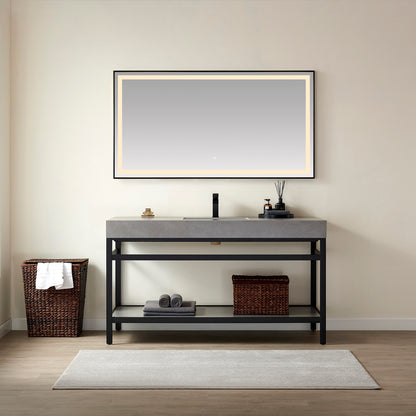 Vinnova, Funes 60" Single Sink Bath Vanity in Matt Black Metal Support with Grey Sintered Stone Top and Mirror
