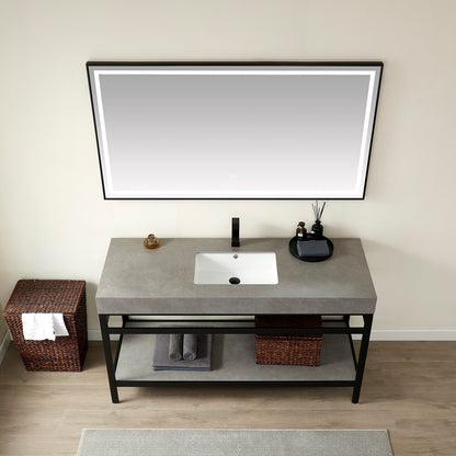 Vinnova, Funes 60" Single Sink Bath Vanity in Matt Black Metal Support with Grey Sintered Stone Top and Mirror