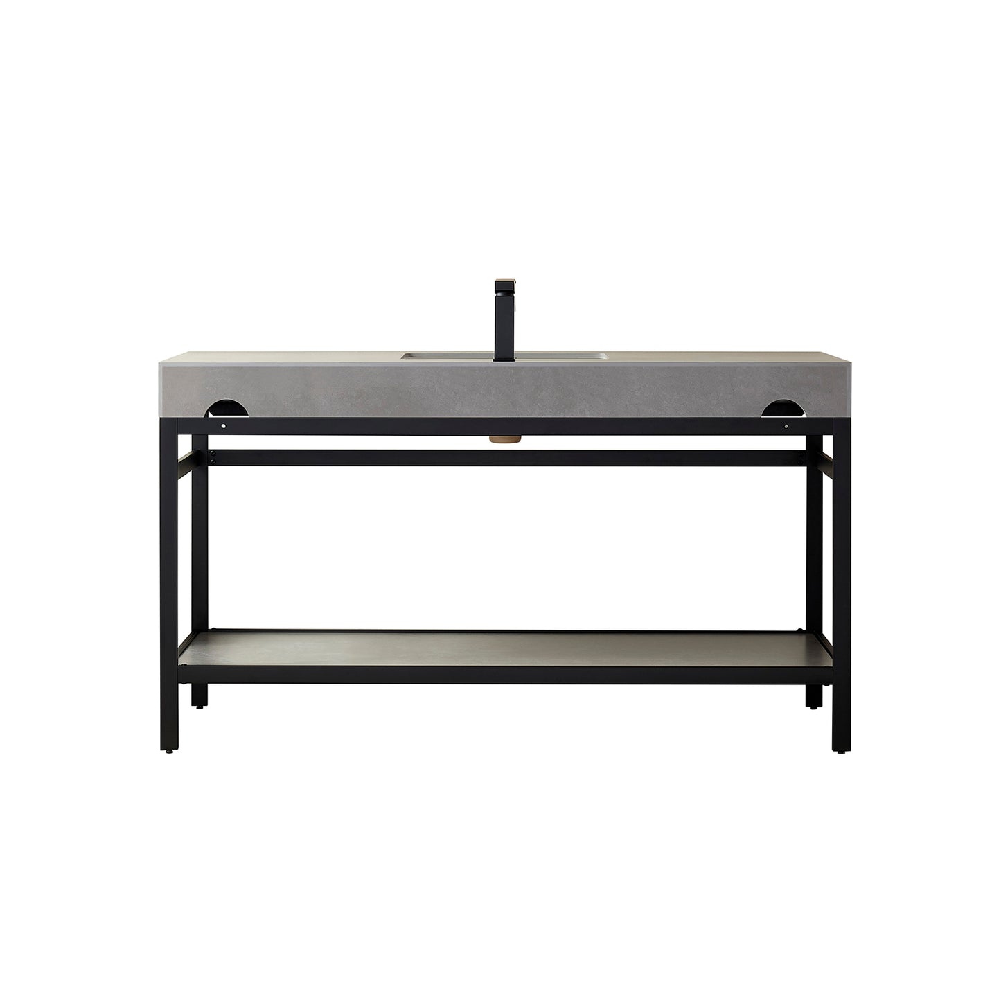 Vinnova, Funes 60" Single Sink Bath Vanity in Matt Black Metal Support with Grey Sintered Stone Top and Mirror