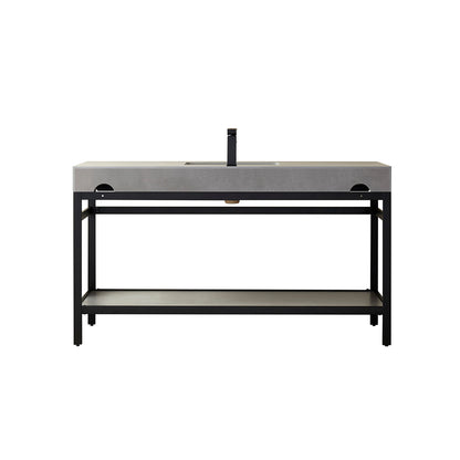 Vinnova, Funes 60" Single Sink Bath Vanity in Matt Black Metal Support with Grey Sintered Stone Top and Mirror