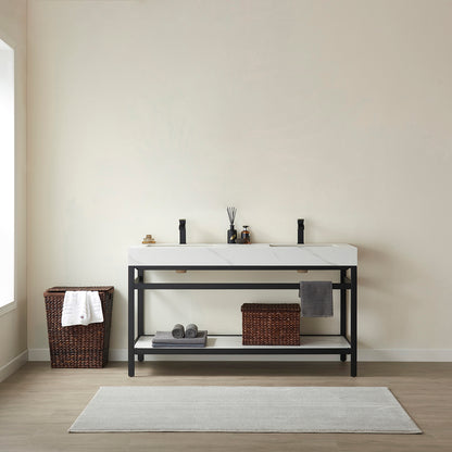 Vinnova, Funes 60M" Double Sink Bath Vanity in Matt Black Metal Support with White Sintered Stone Top