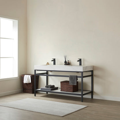 Vinnova, Funes 60M" Double Sink Bath Vanity in Matt Black Metal Support with White Sintered Stone Top