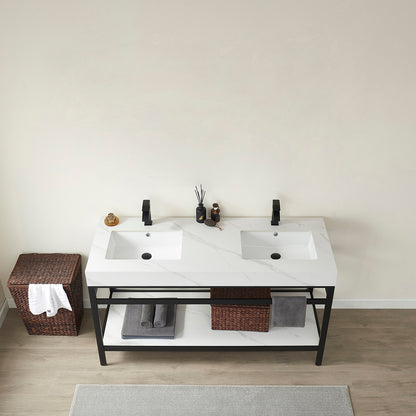 Vinnova, Funes 60M" Double Sink Bath Vanity in Matt Black Metal Support with White Sintered Stone Top