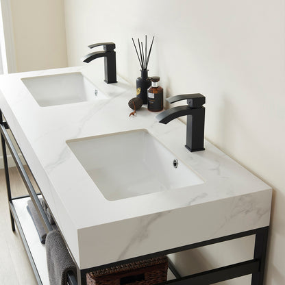 Vinnova, Funes 60M" Double Sink Bath Vanity in Matt Black Metal Support with White Sintered Stone Top