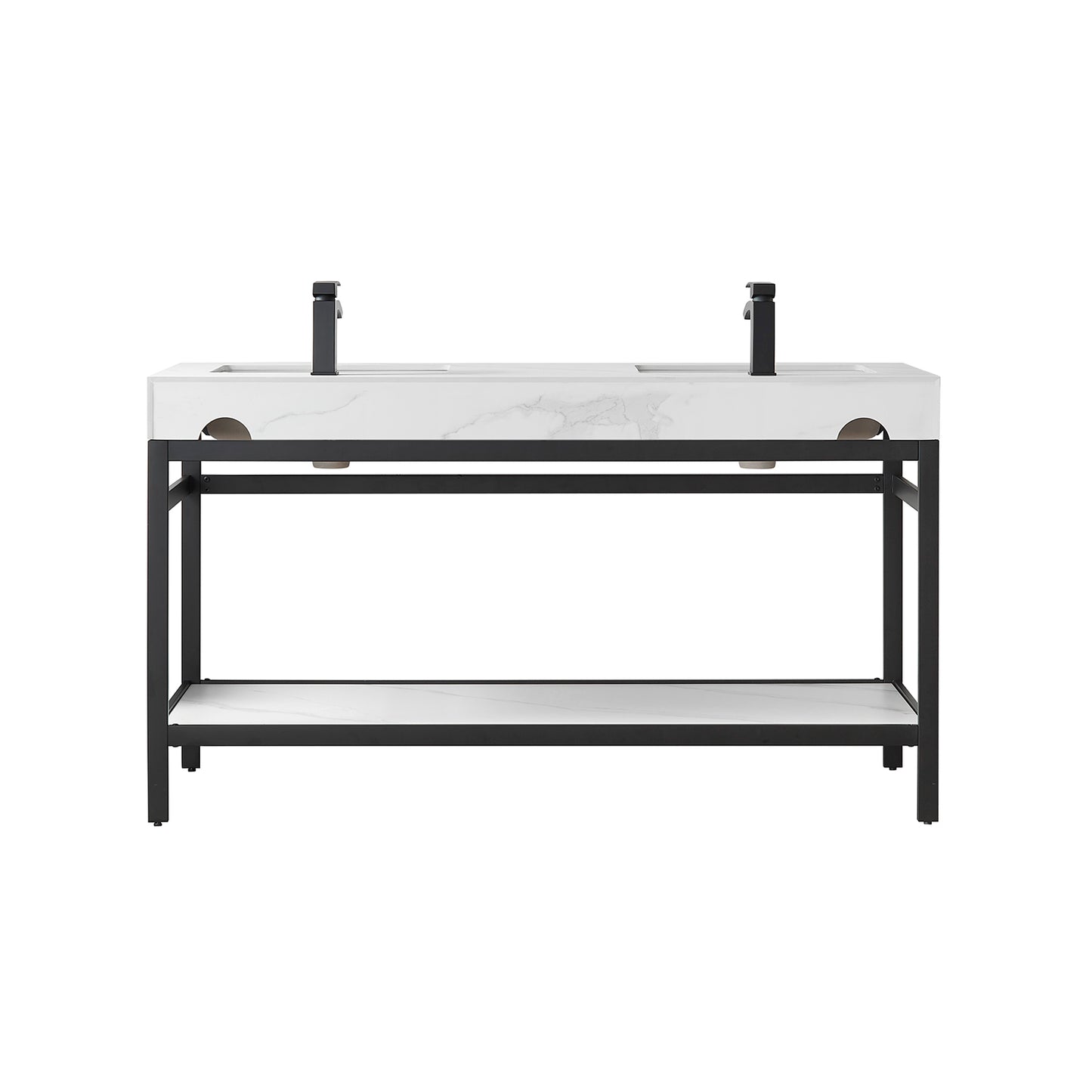 Vinnova, Funes 60M" Double Sink Bath Vanity in Matt Black Metal Support with White Sintered Stone Top