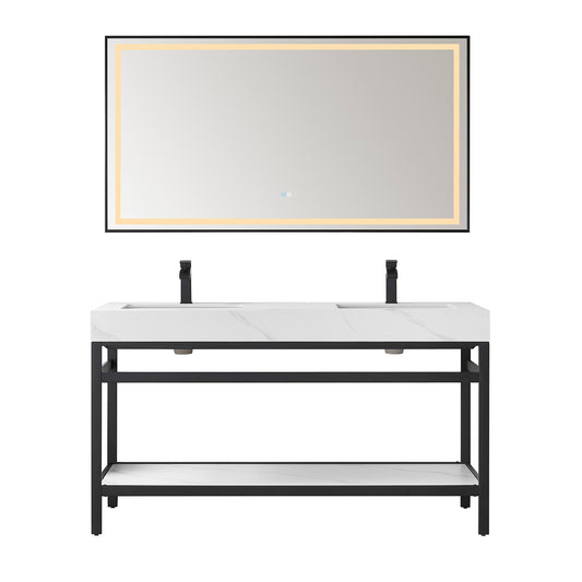 Vinnova, Funes 60M" Double Sink Bath Vanity in Matt Black Metal Support with White Sintered Stone Top and Mirror
