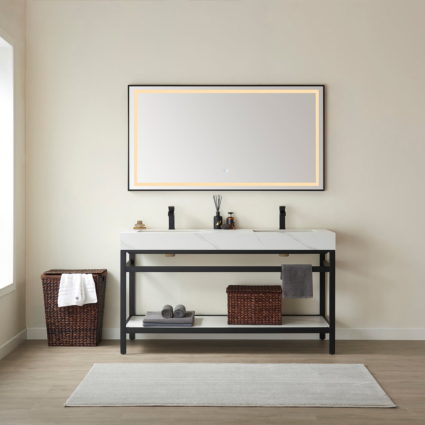 Vinnova, Funes 60M" Double Sink Bath Vanity in Matt Black Metal Support with White Sintered Stone Top and Mirror
