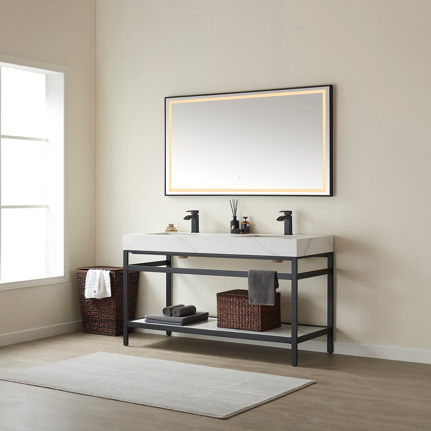 Vinnova, Funes 60M" Double Sink Bath Vanity in Matt Black Metal Support with White Sintered Stone Top and Mirror