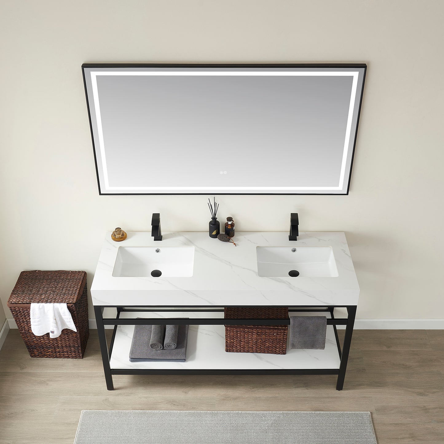Vinnova, Funes 60M" Double Sink Bath Vanity in Matt Black Metal Support with White Sintered Stone Top and Mirror