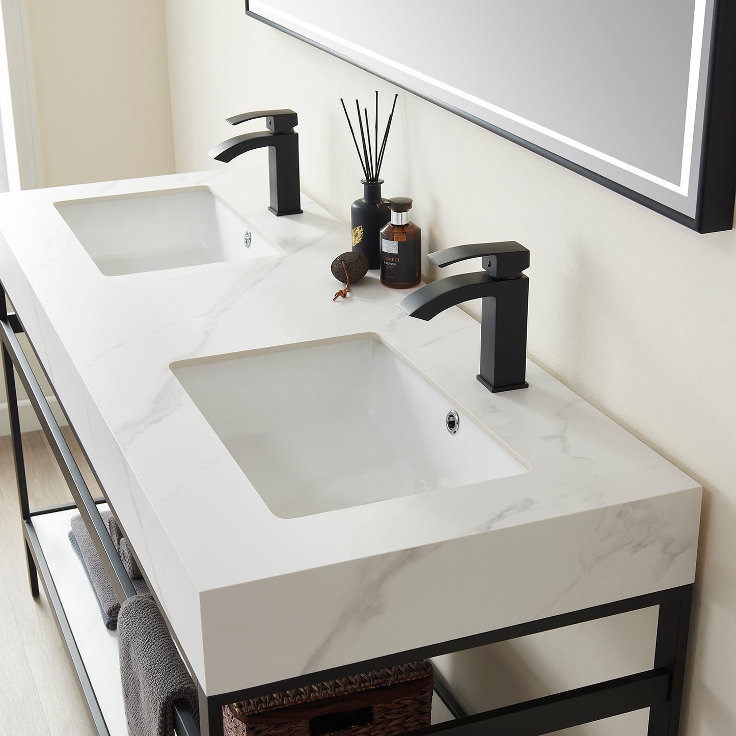 Vinnova, Funes 60M" Double Sink Bath Vanity in Matt Black Metal Support with White Sintered Stone Top and Mirror