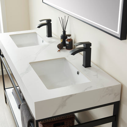 Vinnova, Funes 60M" Double Sink Bath Vanity in Matt Black Metal Support with White Sintered Stone Top and Mirror
